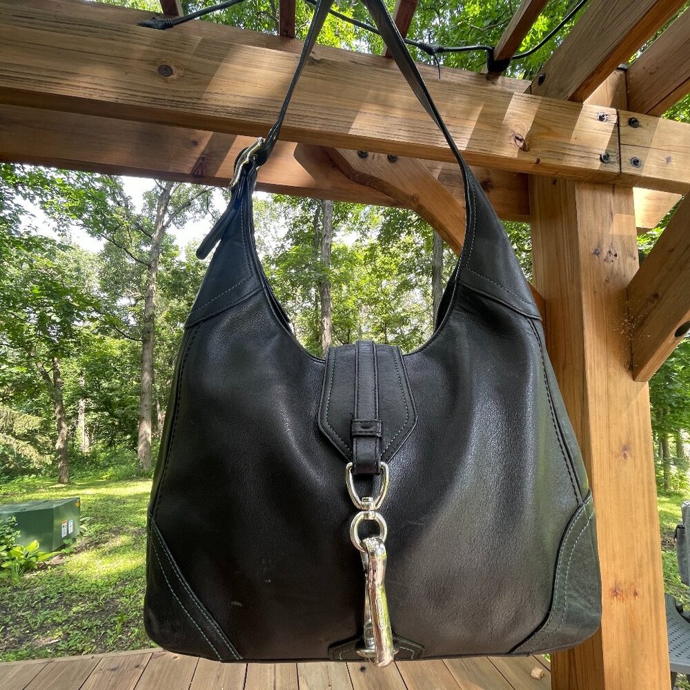 Vintage COACH Hamptons Large Hobo Clip #8A67 — Black w/ Teal Contrast Stitching